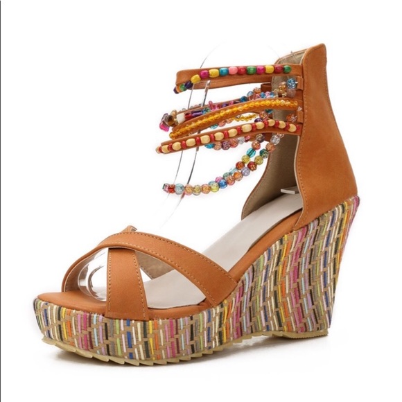 Boho Chic Platform Ankle Strap Orange Sandals 7M - Picture 1 of 7